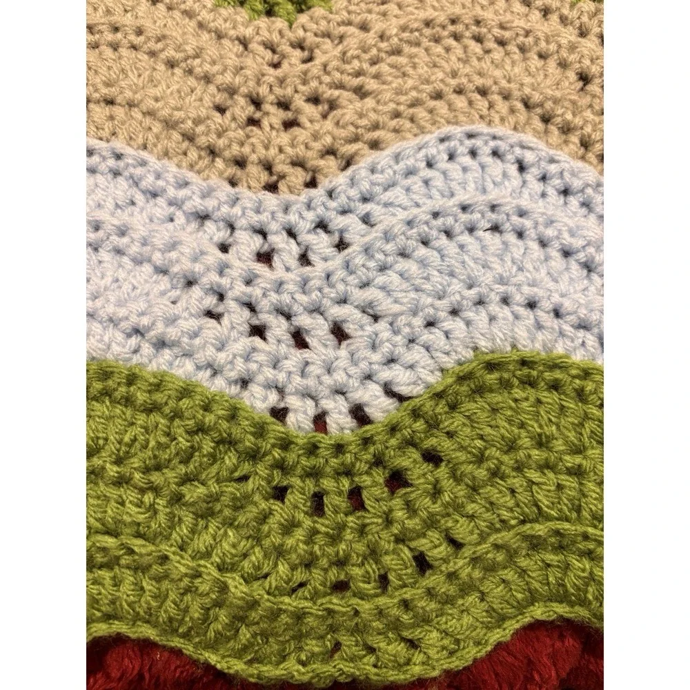 Baby Blanket Handmade Crochet Wave Stitch Green Gray Blue Stripes 25x21 Nursery